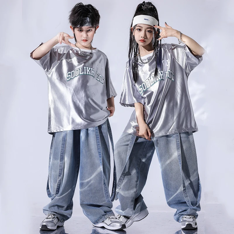 

Children'S Jazz Dance Clothes Girls Silver Top Cargo Pants Boys Street Dance Outfit Kids Hip Hop Clothing Kpop Clothes SL10577