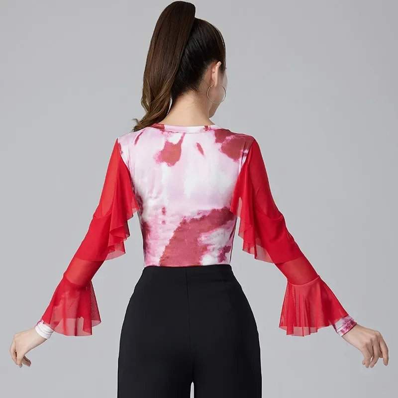 

2025 New Adult Women Ballroom Costume Modern Latin Dance Top Long-sleeved Shredded Milk Lady Sexy Mesh Printing Dancewear Shirt