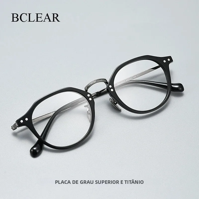 bclear-彫刻レトロ文学アセテートメガネフレーム女性多用途チタン脚多角形男性の眼鏡ファッション眼鏡
