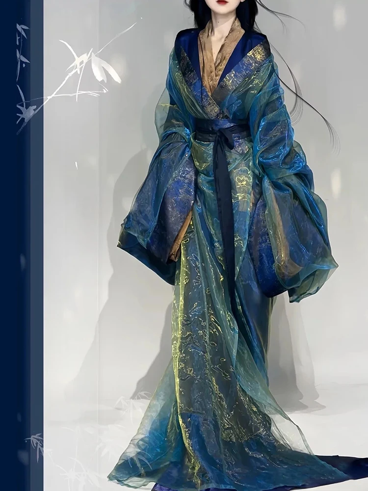 Blue Warring States robe Hanfu women's clothing, fairy energy, big sleeves, trailing tail, straight train, ancient clothing, anc