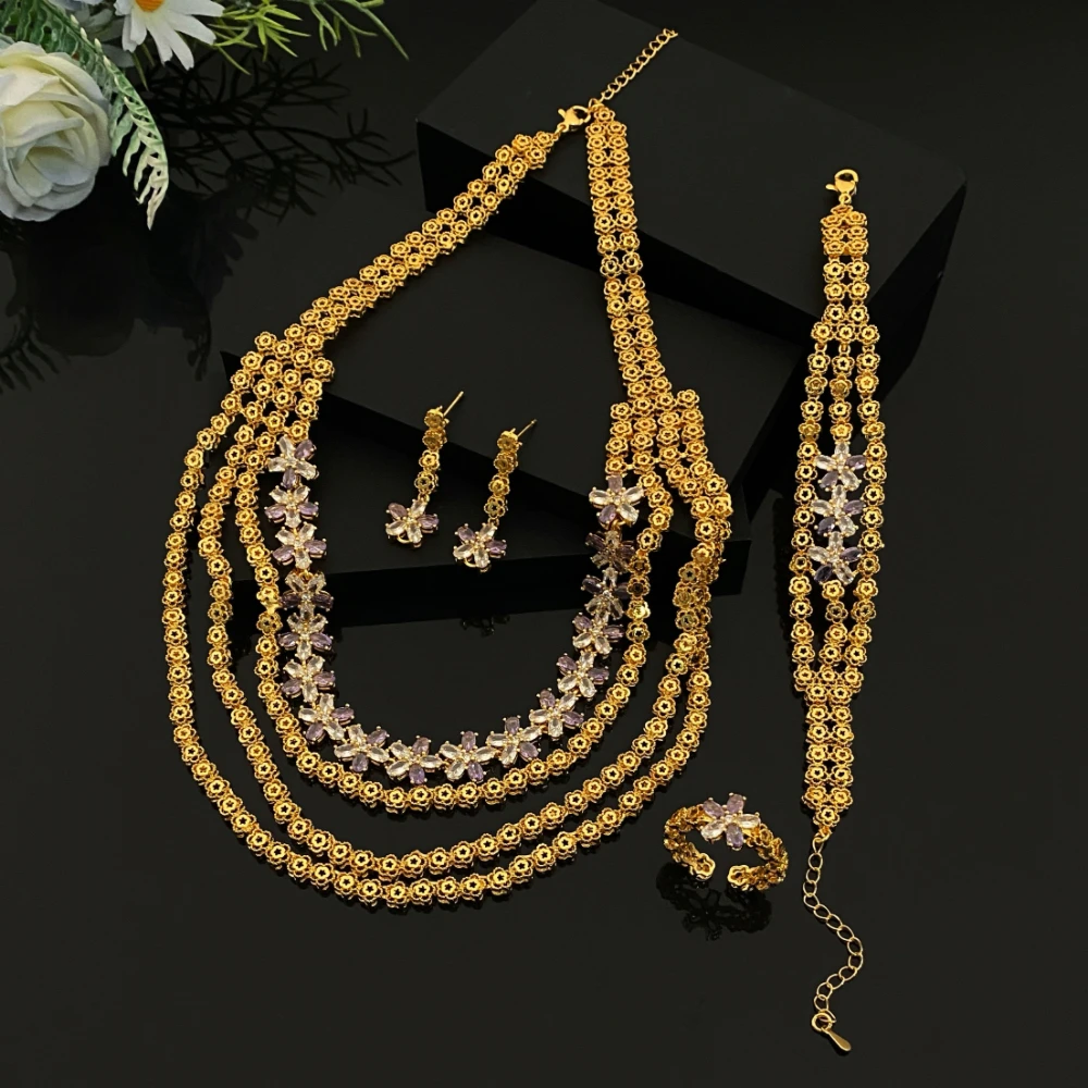 

JRH Gold-Plated Copper Jewelry Set for Women Imitation Diamond Versatile Necklace Earrings Bracelet Ring for Party Hot Style New