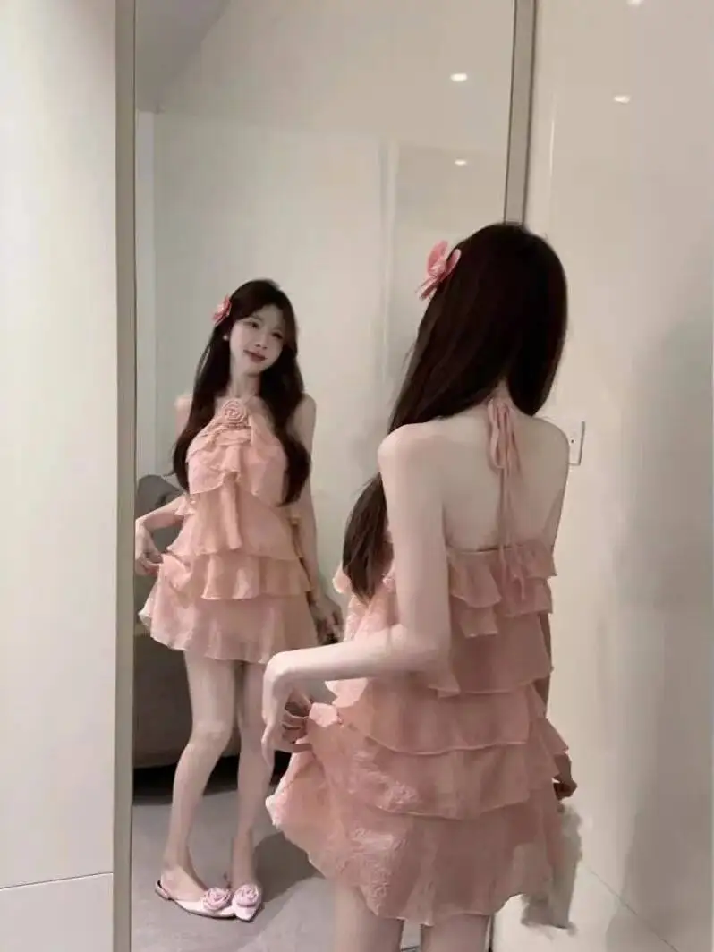 Pure Desire-vestido con cuello colgante y diseño de volantes para chica picante, vestido multicapa con flores y espalda descubierta, moda elegante y dulce 6YDL