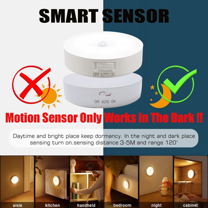 Motion Sensor Light USB Rechargeable Night Light LED Lamp for Kitchen Bedroom Stairs Hallway Cabinet Closet Wardrobe Nightlight