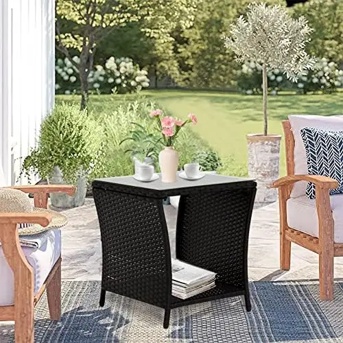 

Outdoor Bistro PE Wicker Rattan Square End with Glass Top for Backyard Lawn Balcony, Brown Gardening Patio decor Garden decor