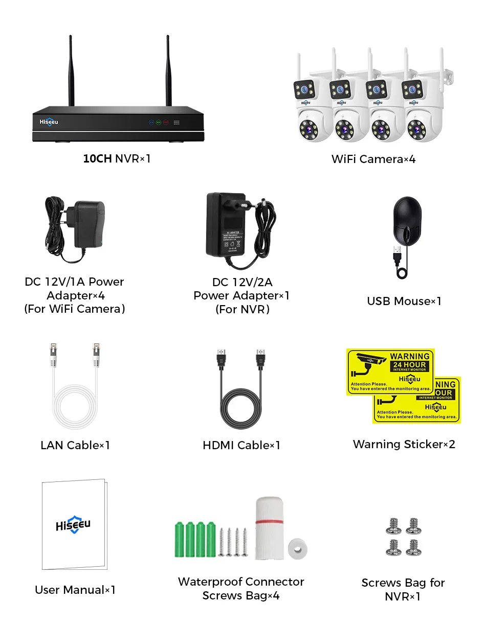 Hiseeu H.265 10CH NVR 3K 6MP Surveillance System Dual Lens Smart PTZ IP Camera Color Night Vision Auto Tracking WiFi CCTV System