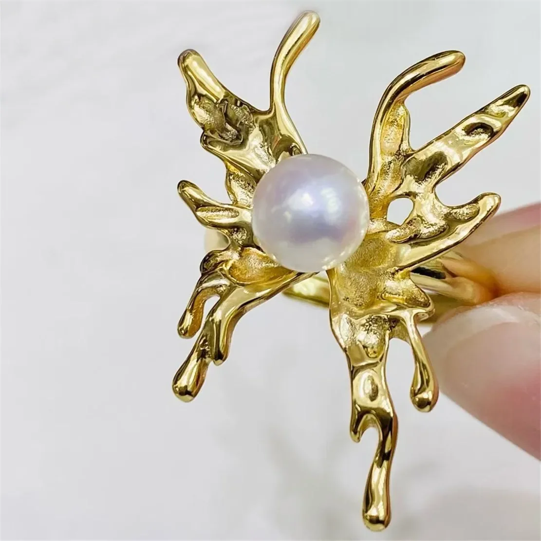 

925 Stamped Alloy Gold-Plating Adjustable Pearl Ring Holder DIY Jewelry Findings, Craft Supplies for Handmade Rings No Pearl