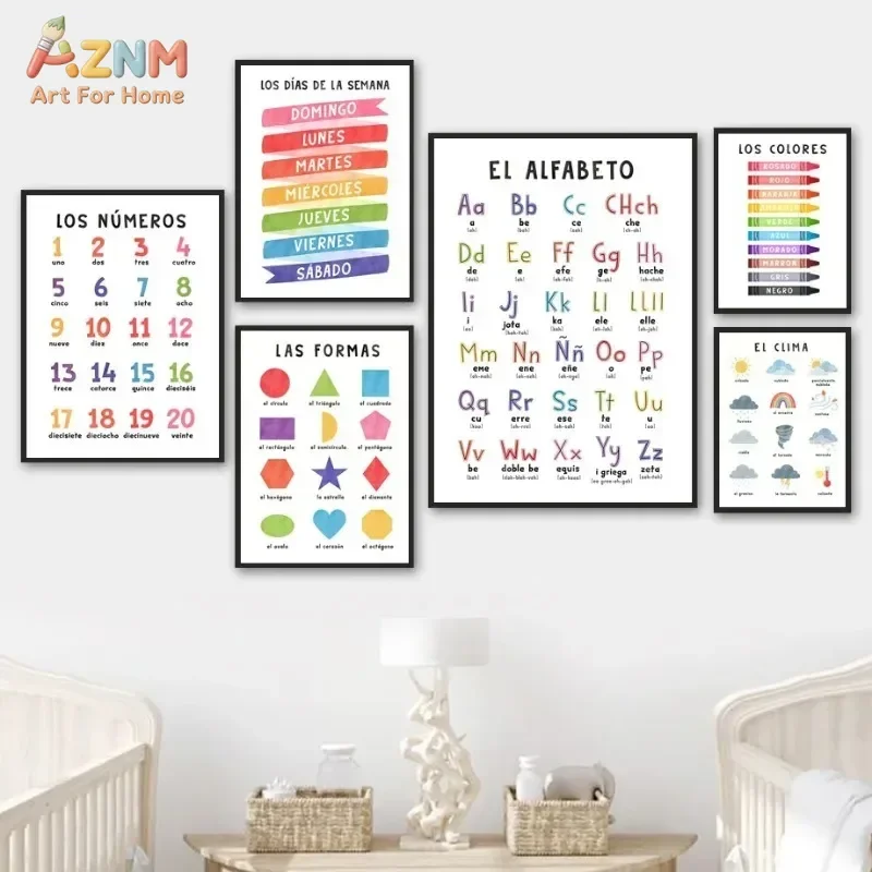AZNM Colorful Spanish Learning Canvas Wall Art Alphabet Numbers Days Shapes Colors Weather Educational Poster Kids Nursery Homes