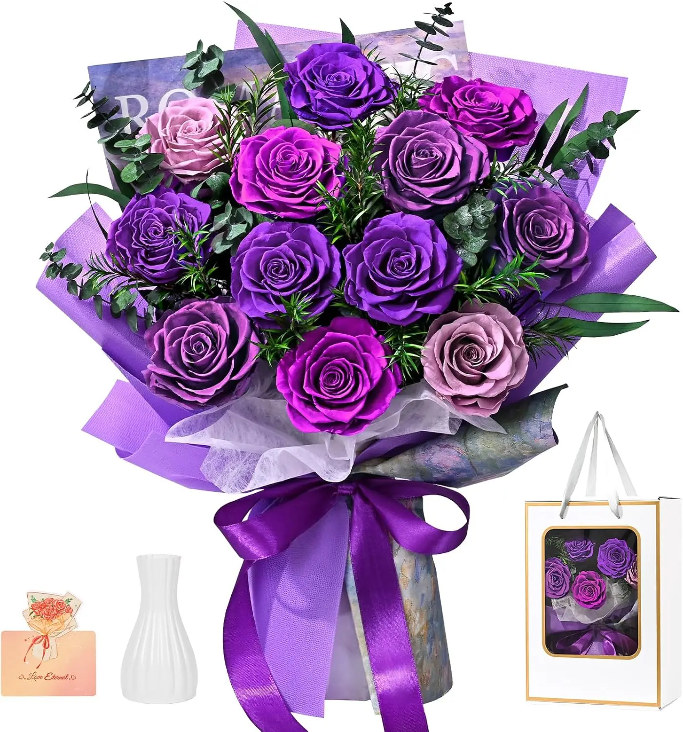 

Preserved Purple Rose Bouquet - 12 Eternal Roses, No Maintenance Needed, Perfect Gift for Women