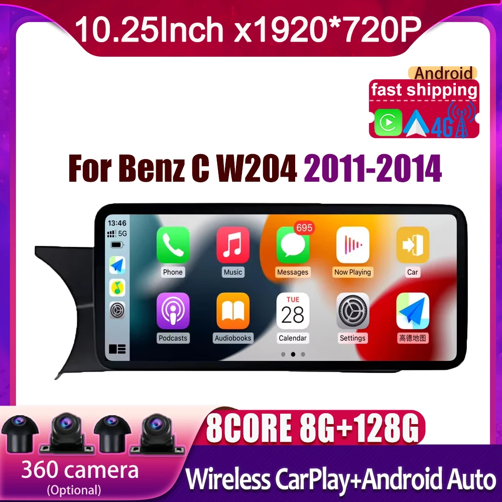 

10.25 Inch For Benz C W204 2011-2014 Android 14 Touch Screen Car Accessories Multimedia Auto Carplay Monitors Video Radio Player