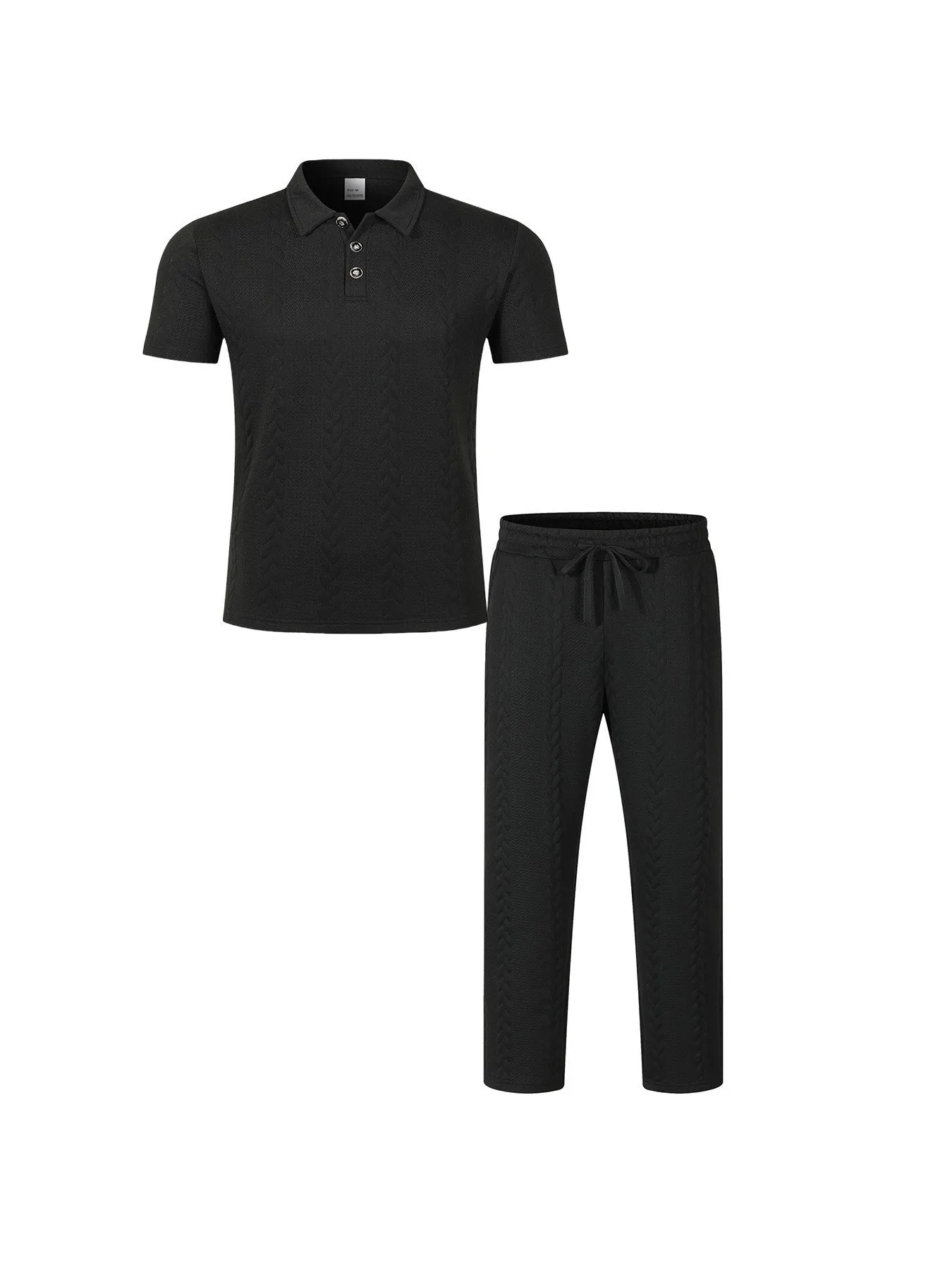 

2025 Autumn Men's New Solid Color Lapel Button Jacquard Short Sleeved Polo Shirt Long Pants Casual Set