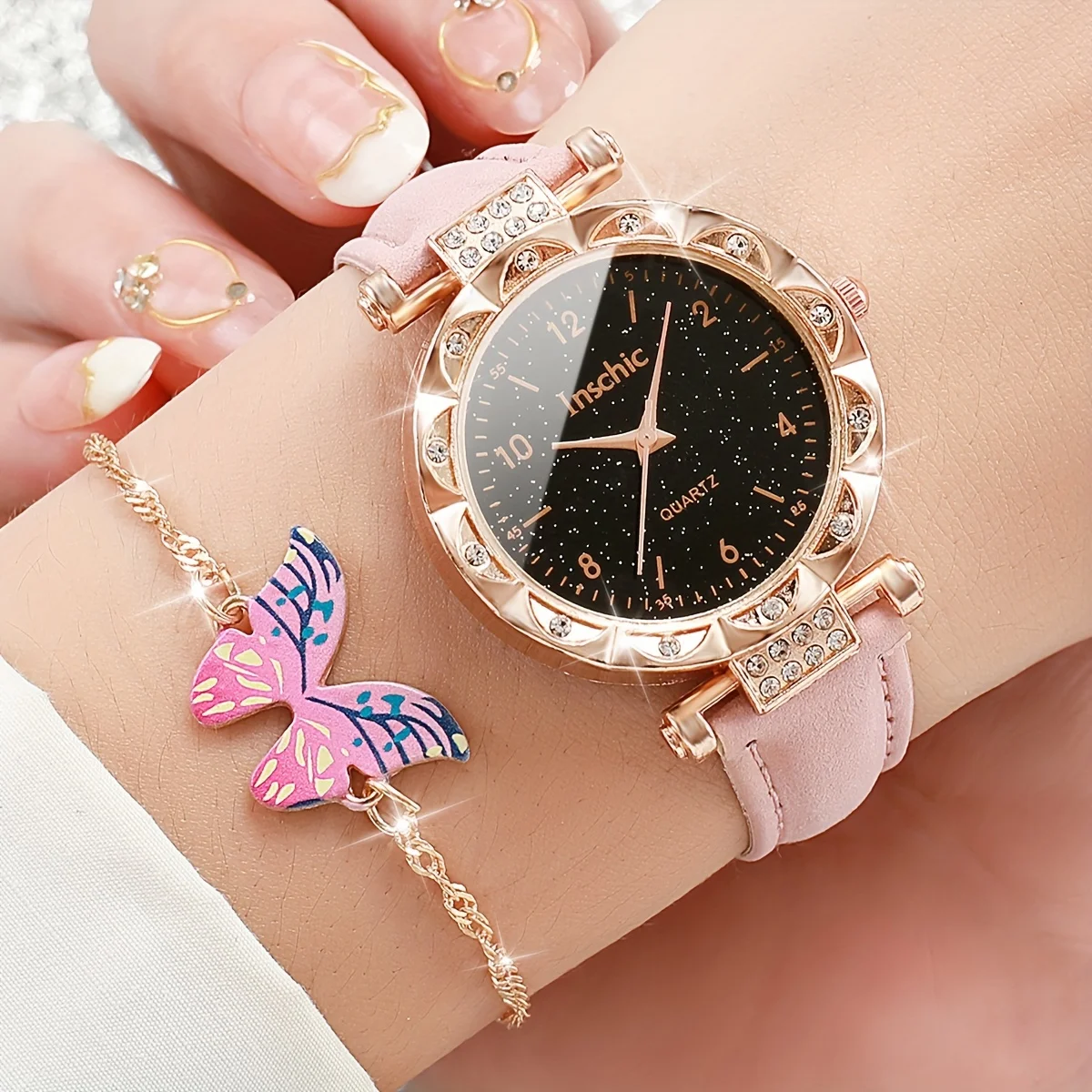 5 unids/set reloj de mujer reloj de cuarzo con diamantes de imitación estrellados reloj de pulsera analógico de cuero PU y conjunto de joyería de mariposa, regalo para mamá y ella