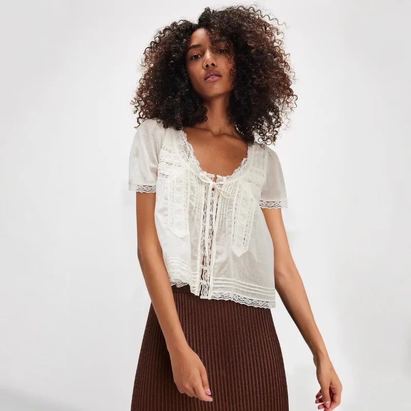 

European American 3D Hollow Out High Density Organic Cotton Lace Trim French Tie Lightweight Blouse