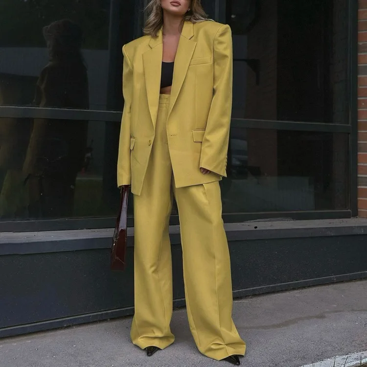 

Autumn Elegant Yellow Sets Womens 2 Piece Fashion Long Sleeve Pockets Single Button Blazers High Waist Straight Trousers Sets