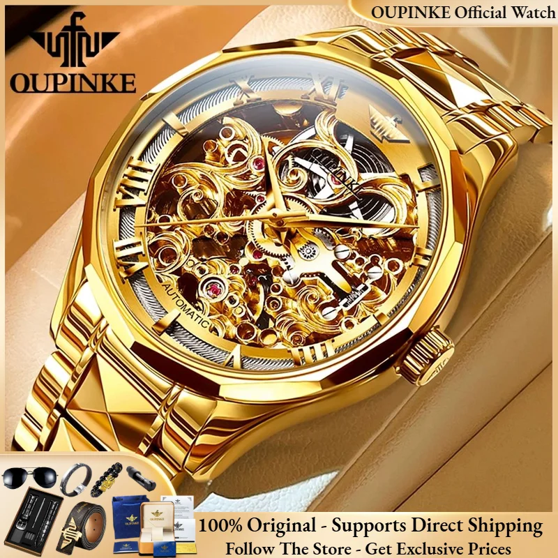 

OUPINKE 3168 Luxury Original Men Watch Brand Swiss Waterproof Skeleton Men Automatic Mechanical Watch Gold Tungsten Steel Watch