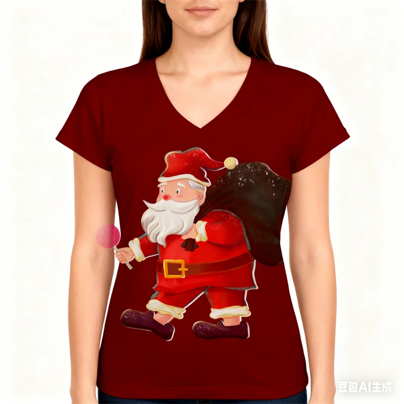 

Women's T-shirt Funny 3D Santa Claus Pattern Printed Men Women's Short Sleeve Tops Breathable V-neck X'mas Party Female Clothing