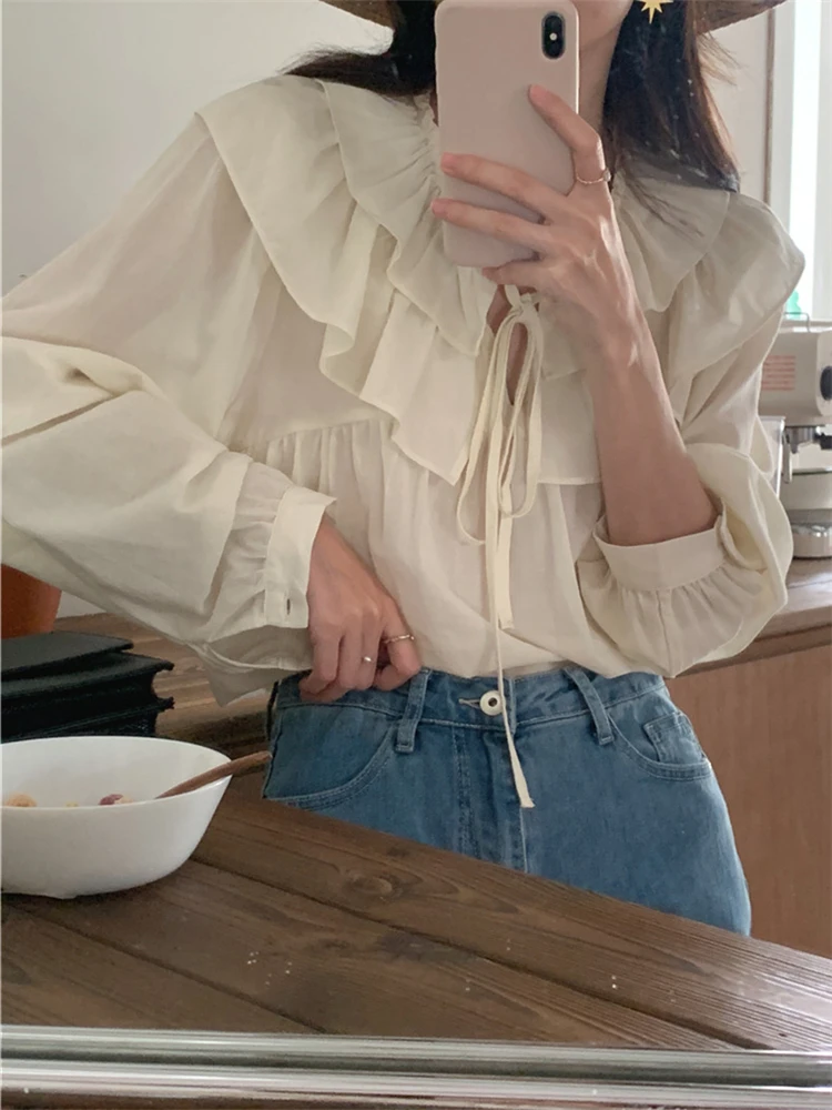 BL9732 New 2023 Chic Ruffles Elegant Lady Lace Up Sweet Korean Fashion Oversized Women Blouses Shirts Spring Vintage Wild Tops