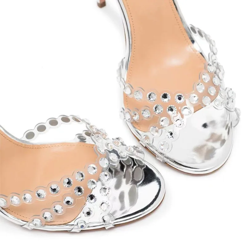 2024 New Bling Bling Crystal Women Sandals Silver High Heels Ankle Strap Bride Wedding Dress Shoes Lady Pumps Sexy PVC Stiletto