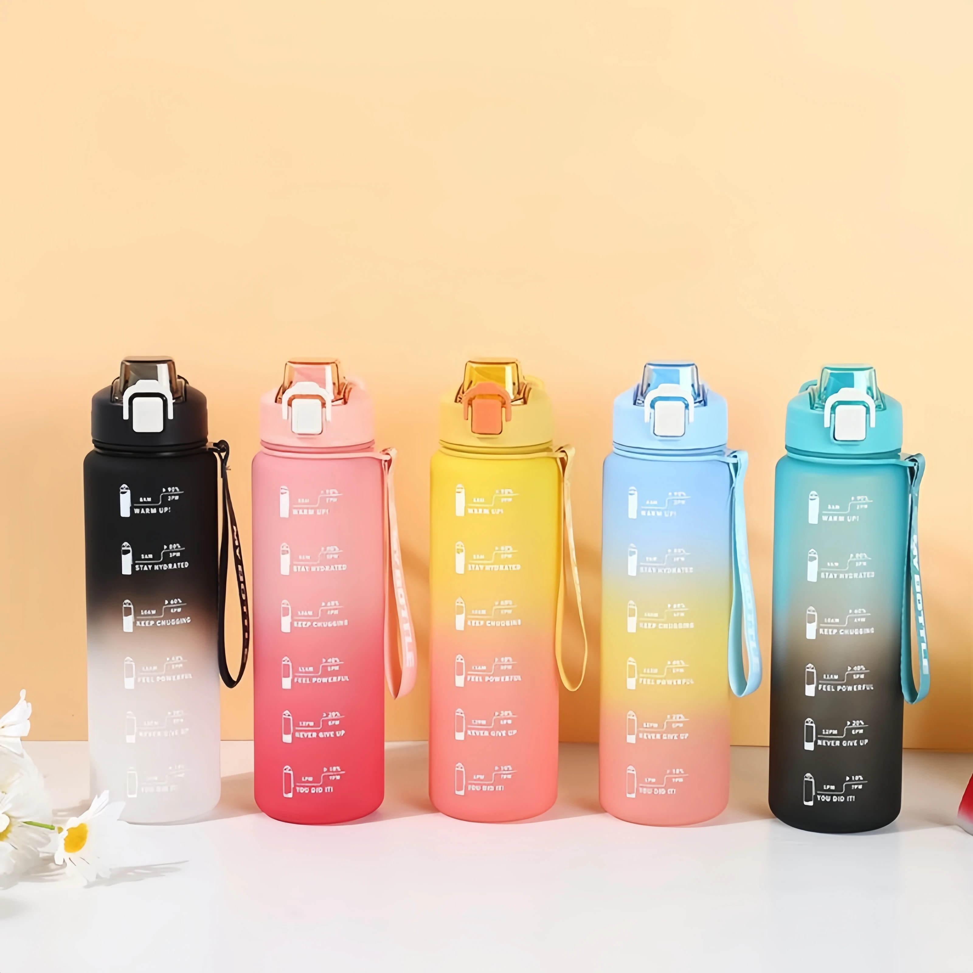 1000ml 대용량 플라스틱 컵 야외 피트니스 체육관을위한 휴대용 물병 밀짚과 손잡이가있는 캠핑 누출 방지 컵