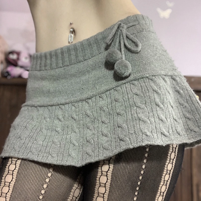 

Winter Knitted Mini Skirts Y2k Lace Up Fur Cute Sweet Pencil Skirts Twist Skinny Club sexy Low Waist Short Skirts Women Autumn