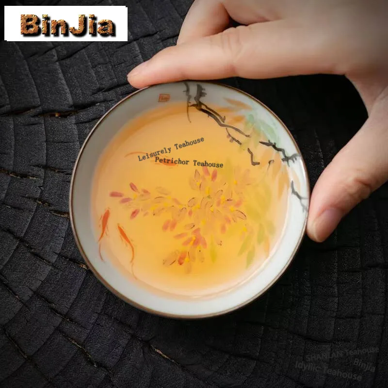 60ml Handmade Ru Kiln Porcelain Teacup Pure Hand Painted Carp Tea Pair Cup Tasting Koi Master Cup Puer Tea Bowl Kung Fu Teset