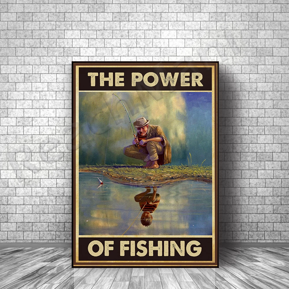 The power of fishing print, old man and little boy water mirror wall painting, vintage fishing poster, home decor