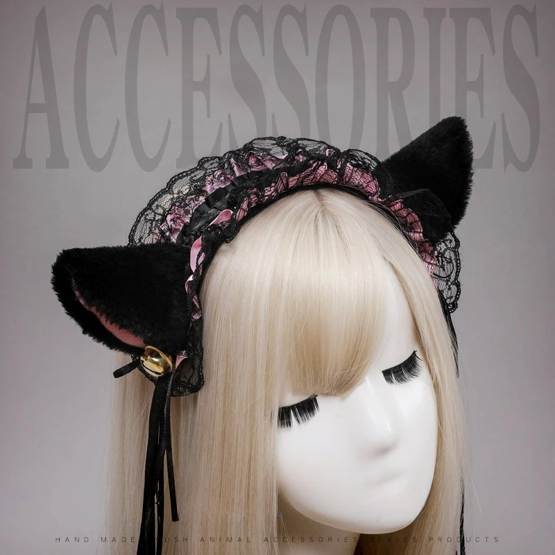 

Bowknot Lace Lolita Headwear Black Cat Ear Hair Band Women Sweet Cosplay Accessories Comic Convention JK KC Headwear Headdress