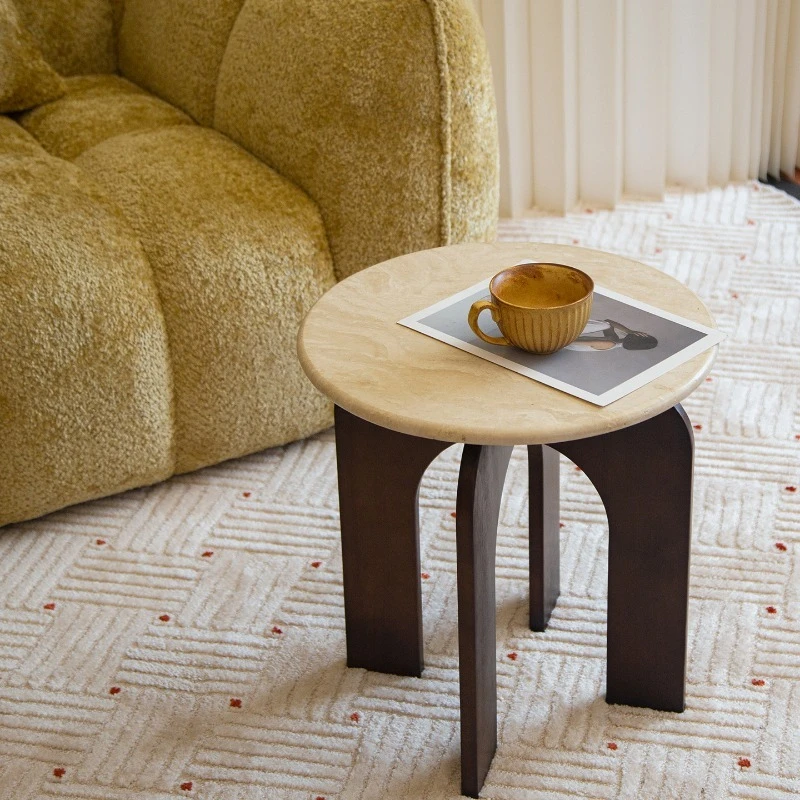 Hollow coffee table, retro round walnut corner bedside table by the living room