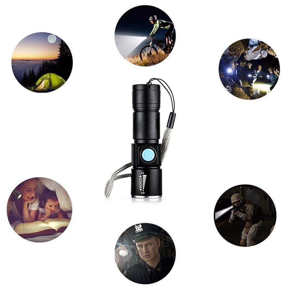 Mini USB Rechargeable Flashlight 3 Modes Zoom Light Flash Waterproof Tactical Camping Bike Torch Lasting Built-in Battery