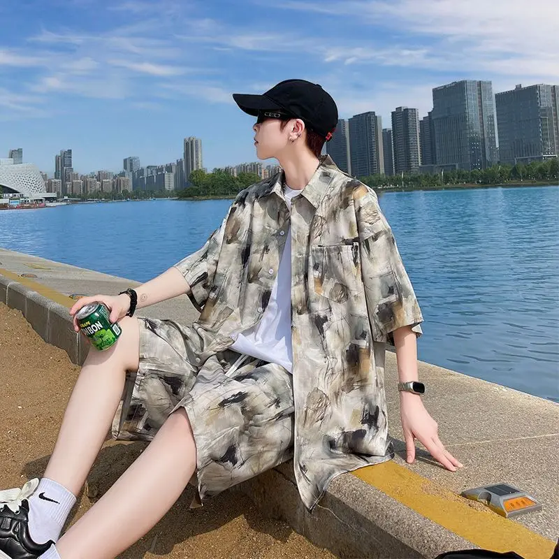 

Men's Shorts Set Graphic Print No Logo Male Shirts Short Sets Loose Stretch Two-piece Trendy Chic Polyester Aesthetic Stylish