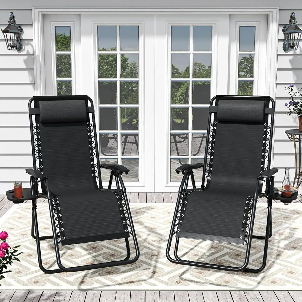 

Комплект из 2-х шезлонгов с функцией нулевой гравитации для улицы, с подстаканниками и съемными подушками, идеально подходят для патио, газона и балкона (черный)