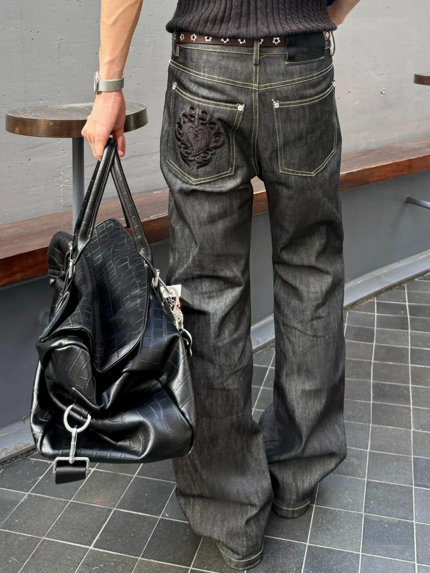 

Джинсы Bla Bell Bot, мужские американские уличные свободные брюки премиум-класса с вышивкой, универсальные повседневные прямые брюки с завязками