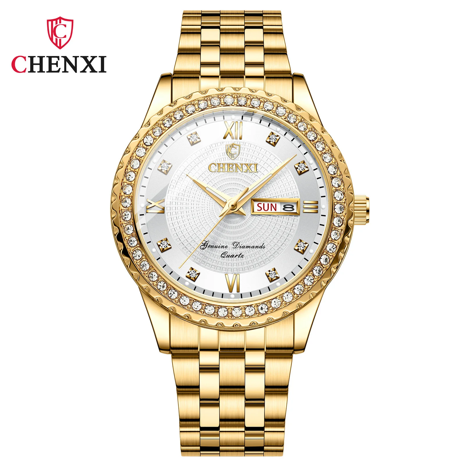 CHENXI 8215 Couple Quartz Watch Fashion Double Calendar Glow Diamond Luminous Golden Stainless Steel Wristwatch for Mens Women