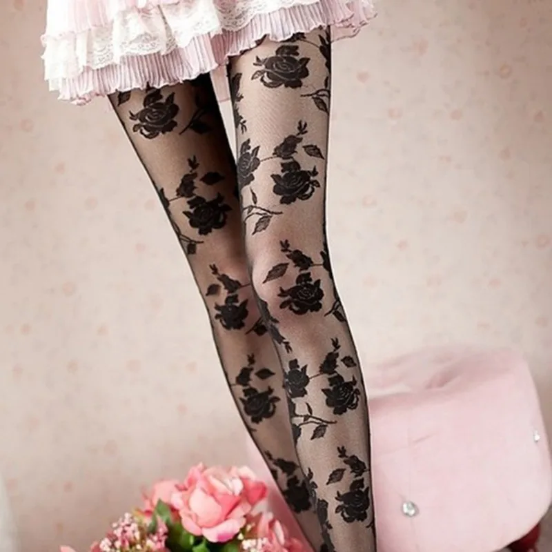 Sexy Rose Tights Women Collant Femme Thin Sheer Pantyhose Hollow Out Tattoo Tights Collant Femme Medias Fantaisie Hosiery