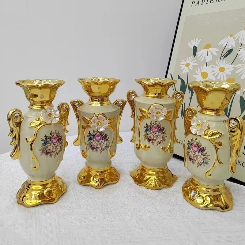 Pozłacane matowe waza porcelanowa w stylu Vintage zaawansowane wazon na kwiaty ceramiczne do dekoracja ślubna do domu pokoju do przedpokoju