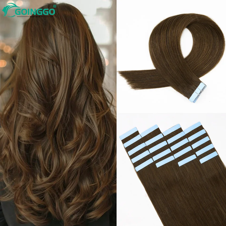 

Tape in Hair Extensions Human Hair Light Brown 4# Invisible Tape in Natural Virgin Hair Adhesive Tape On 14-22 inch 20/40/60Pcs