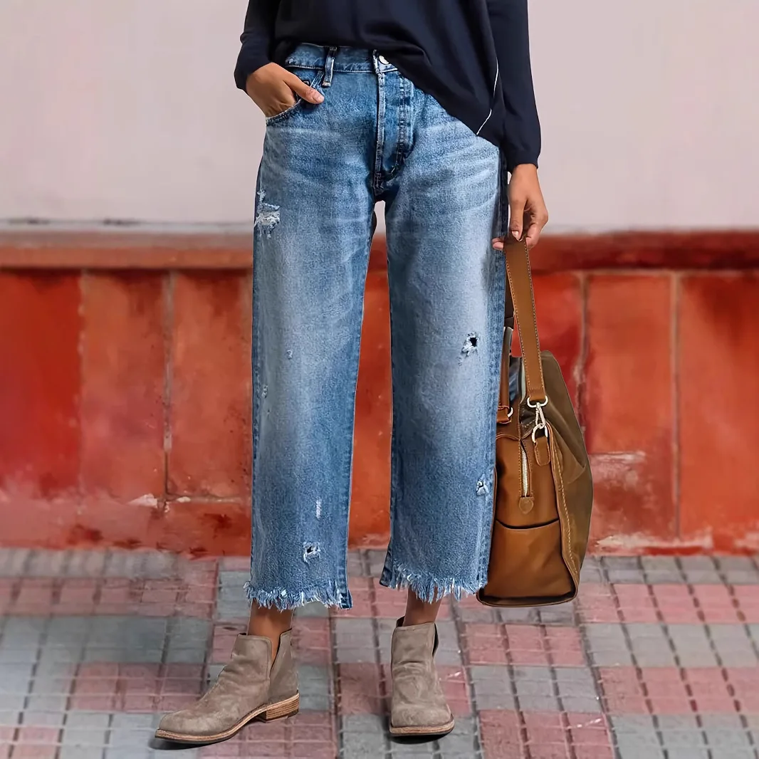 Jeans Women Straight Pants Hole Washed Distressed Mid Waist Tassels Pockets Streetwear 2025 Denims Ankle Length Trousers