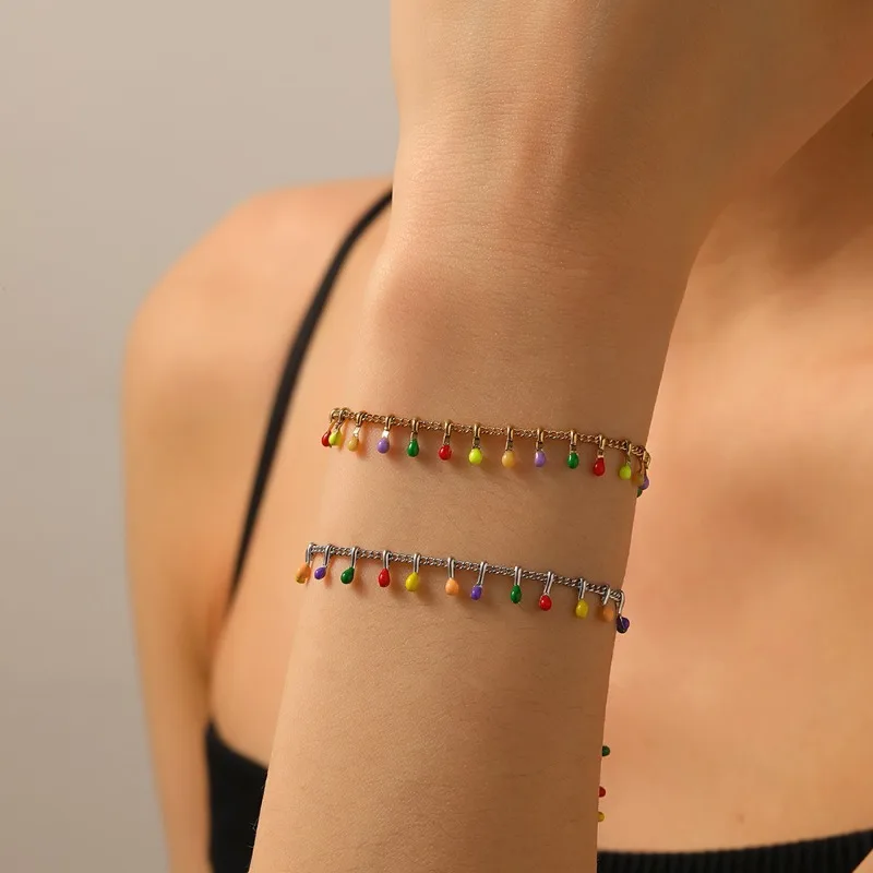 Funny Sweet Stainless Steel Drip Glaze Small Water Drop Pendant Bracelet for Women Charm Beach Vacation Summer Jewelry Colorfast