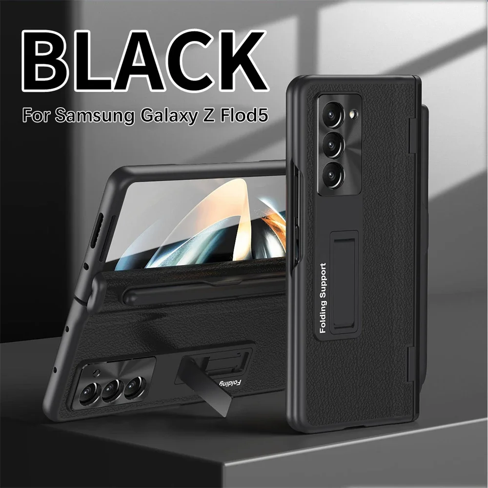 Bracket Pen Slot Case For Samsung Galaxy Z Fold 5 5G Leather Hinge Film Protection Back Cover For Galaxy Z Fold4 Fold3 With Pen