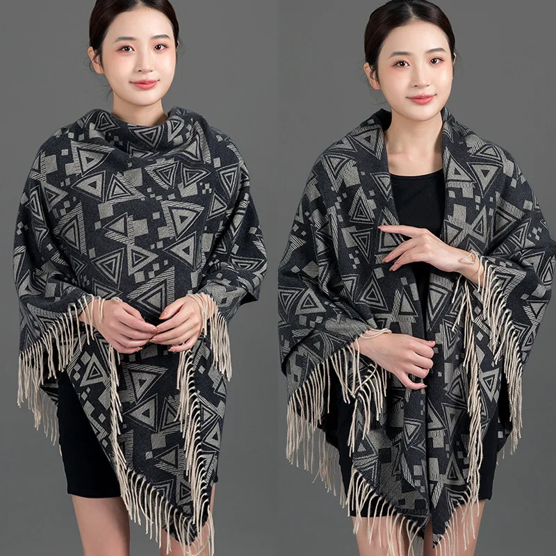 5 Colors Black/Blue Geometric Pattern Warm Square Cashmere Scarves With Tassel Lady Winter Scarf Fashion Female Shawl Ponchos