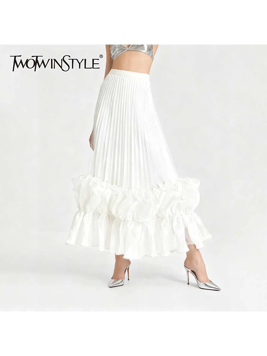 TWOTWINSTYLE Solid Spliced Ruffles Folds Fashion Skirts for Women High Waist Patchwork Mesh Elegant Skirt Female Clothing New