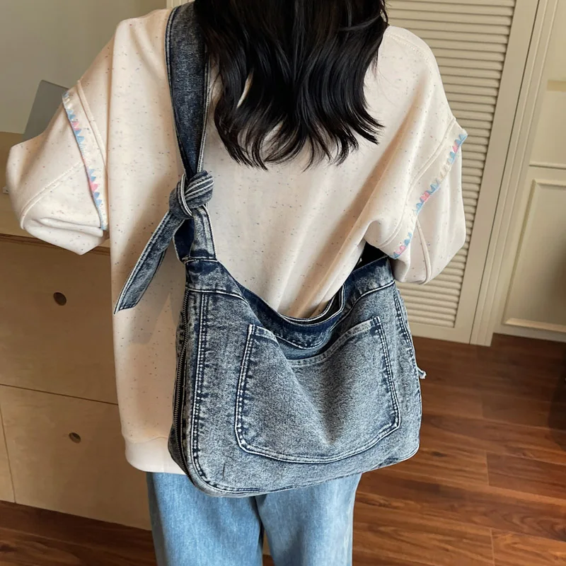 

Versatile Denim Women's Bag Large Shoulder Bag Jeans Messenger Bag Y2K Student Eco Bag Korean Shopper Casual Handbag Tie Knot
