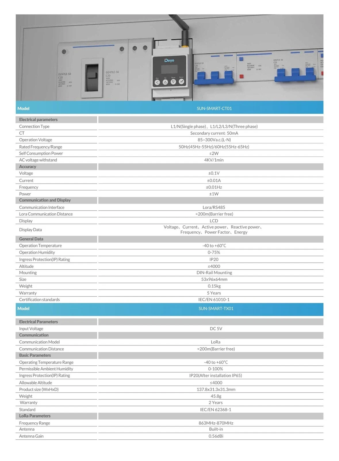 Medidor Inteligente Deye-SMART-METER SUN-SMART-CT01 com Garantia de 5 Anos, Alcance Sem Fio de 200m, Comunicação Lora/RS485, Monofásico/Trifásico