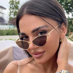 2024 New Metal Cat Eye Women's Sunglasses Trendy Luxury Brand Hollow Triangle Sunglasses Brown Party Luxury Designer Brand