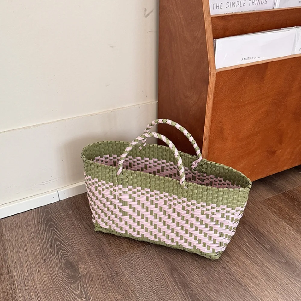 

PVC Handbag Weave Bag Large Capacity Countryside Style Beach Tote Bag Bucket Bag Vacation Style Vegetable Basket Bag Holiday