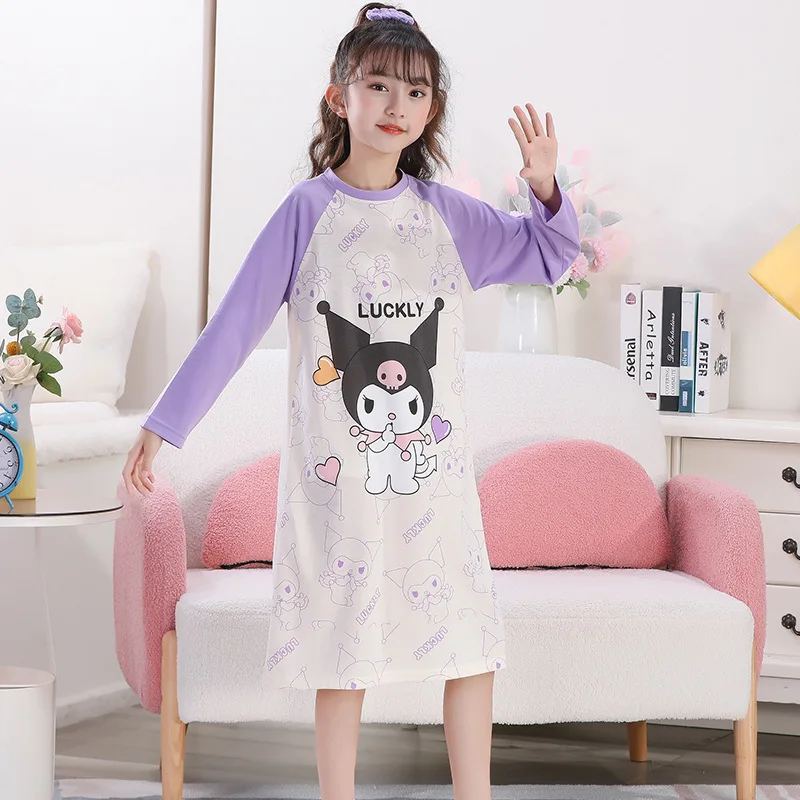 Cartoon Dress Hello Kitty My Melody Kuromi Cinnamoroll Spring Autumn Child Pajamas Cute Girl Long Sleeves Nightdress Homewear - view 4