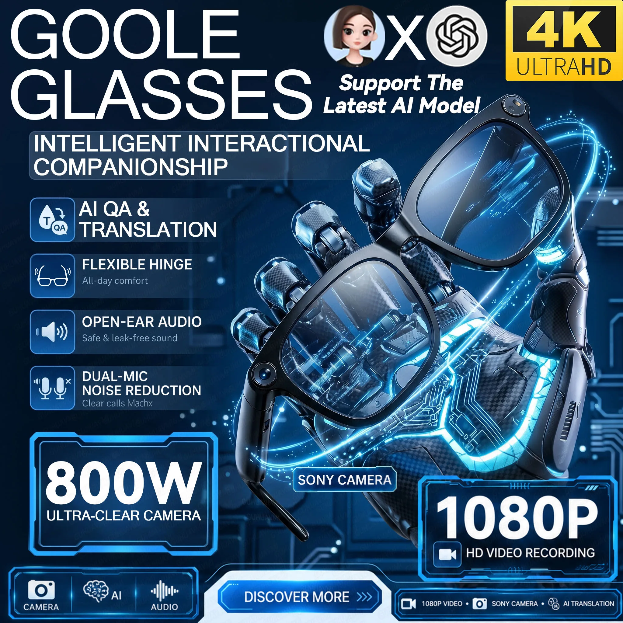 

2026 New Smart AI Glasses with Bluetooth Calling Wireless Audio 1080P Camera Photo Video Recording WiFi Transfer Voice Assistant