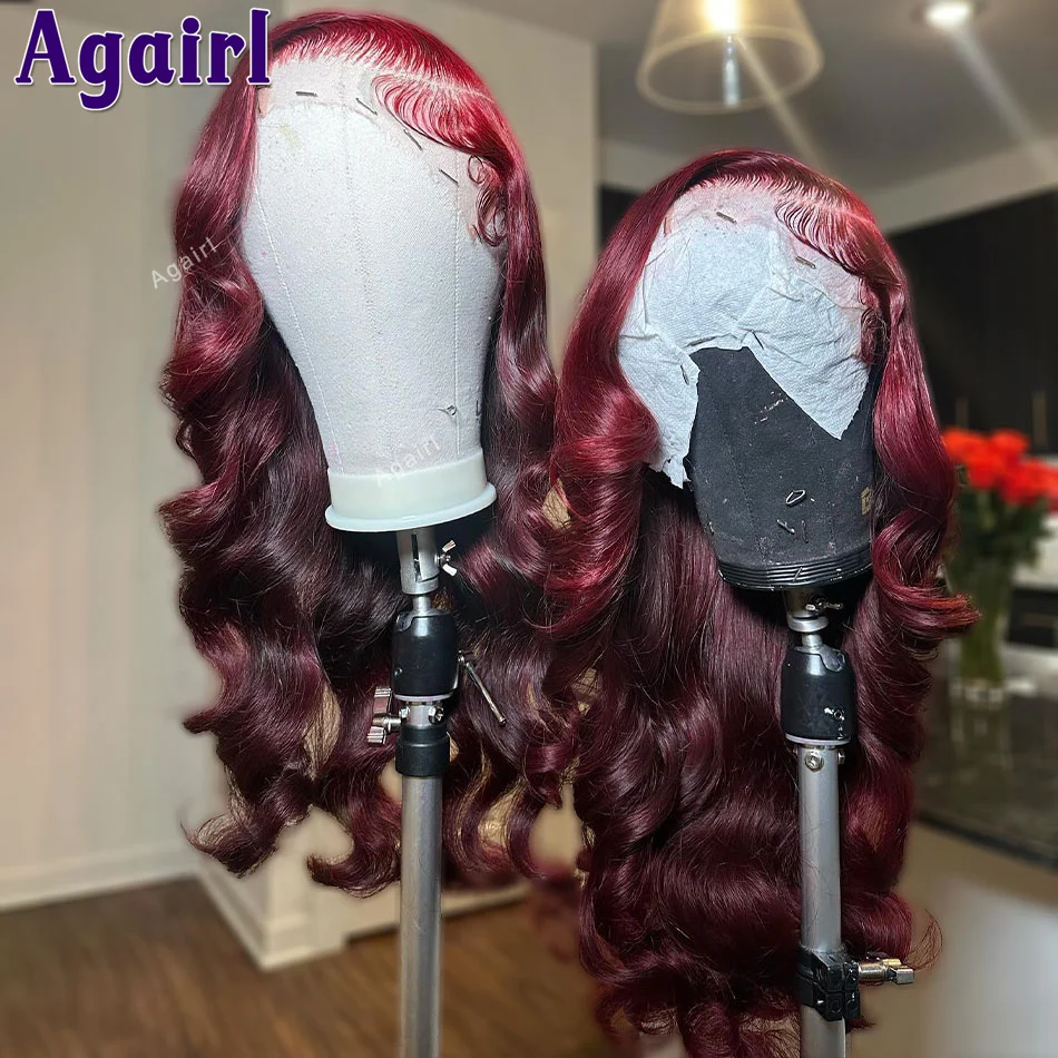 

34 36 Inches 99J Burgundy Red 13x4 13x6 Lace Frontal Wigs Human Hair For Women Transparent 6X4 5x5 Lace Closure Wigs 200 Density