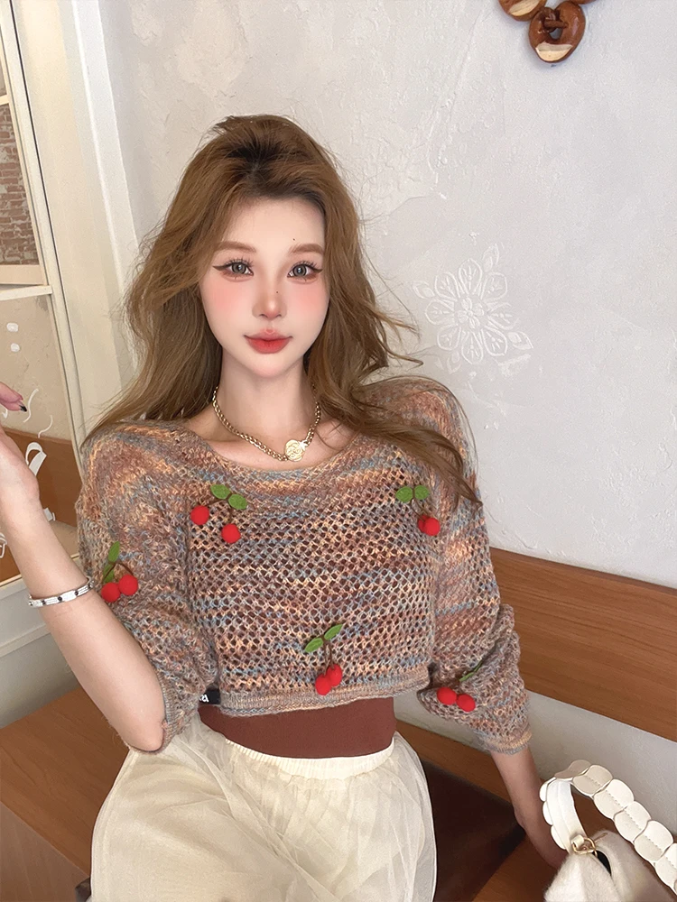 

Комплект из двух предметов: вязаный топ-майка с вырезами и длинный кардиган ISNI Cherry, женский, модный дизайн, милый стиль