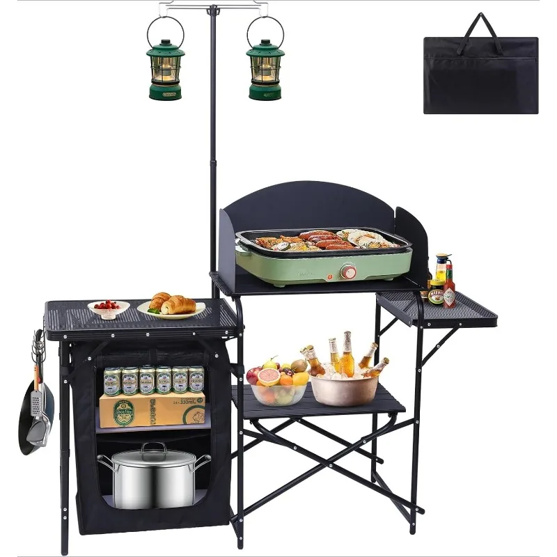 

Camping Kitchen Station, Folding Table & Organizers, Upgrade Light Stand and Windshield Cooking Station, Carry Bag for Be