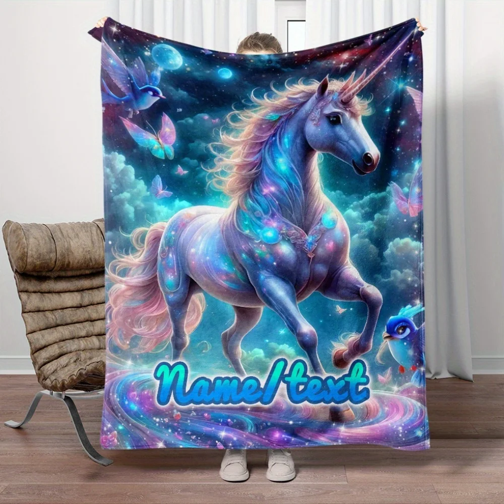 Custom name colourful unicorn flannel blanket, suitable for sofa, bed, birthdays, children, friends, gifts